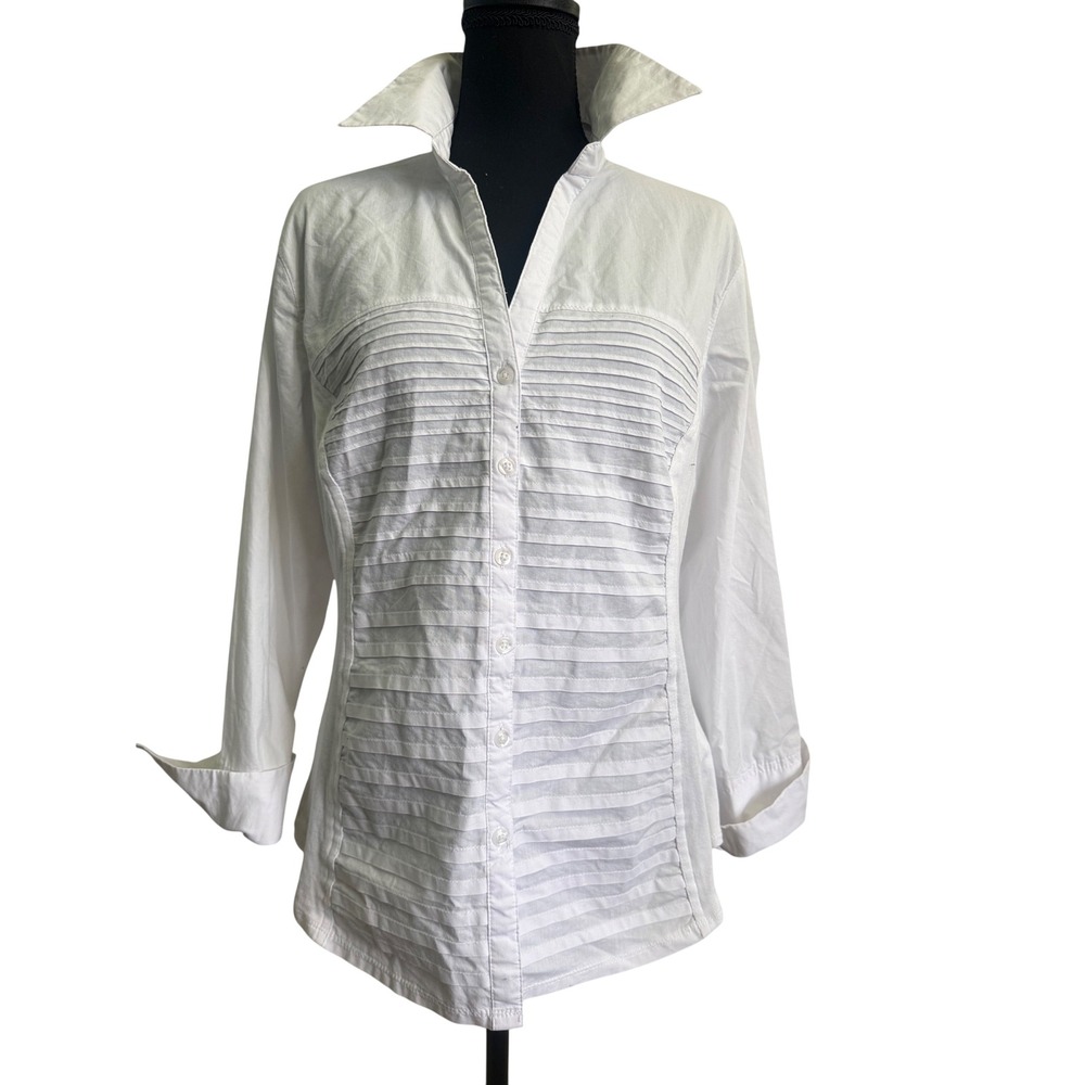 Zac & Rachel White Pintuck Pleated Button Down Blouse Long Sleeve Womens XL